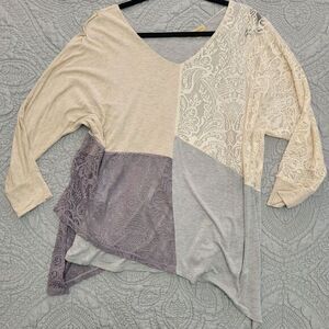 Democracy Tunic Top‎ Large Cream Lace Gray Knit Patchwork Sheer Asymmetric